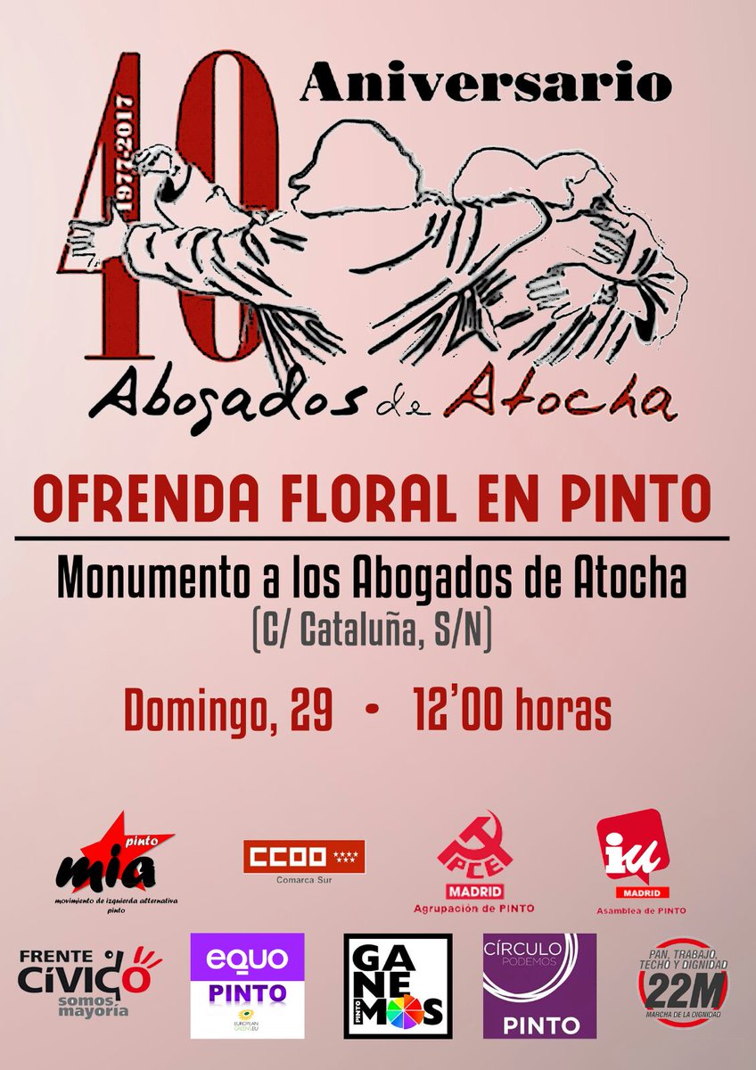 CCOOmadridSur's tweet photo. Este fin de semana el Sur de #Madrid acoge varios actos de homenaje en el 40º aniversario del asesinato de los #AbogadosdeAtocha. @CCOO https://t.co/ttcacMQM9h