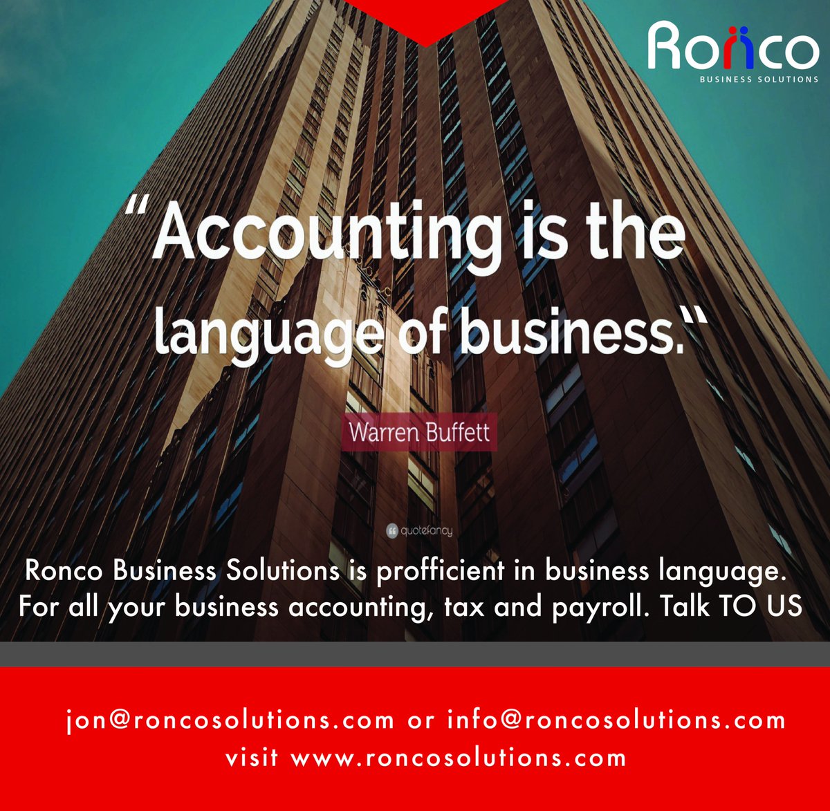 Ronco_Businesss's tweet photo. For Accounting, tax &amp; payroll expertise services. 
Contact Ronco Business Solutions.
Email: jon@roncosolutions.com 
#Accounting https://t.co/XNoxFm1Xhv