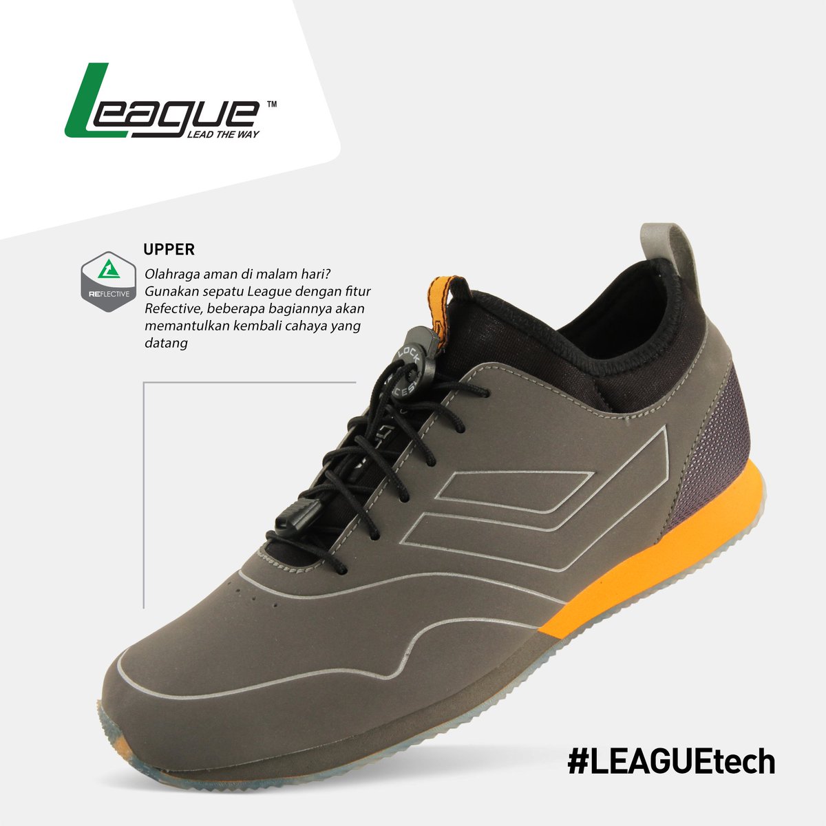 league_world's tweet photo. Olahraga aman di malam hari? Gunakan sepatu dgn fitur Refective, beberapa bagiannya akan memantulkan kembali cahaya yg dtg #LEAGUEtech https://t.co/V28WZPj15A