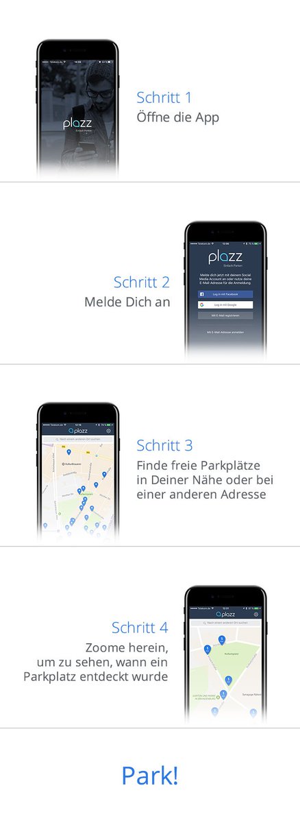 plazzparking's tweet photo. Für alle, die noch nicht sicher sind, wie unsere App funktioniert: die Nutzung in 4 einfachen Schritten erklärt 🤗 #smartparking #smartcities https://t.co/7oi79NRgkx