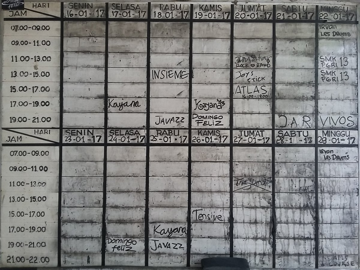 #Jadwal29 Kamis 26 Jan 2017
Shift kosong jam 7.00, 9.00,11.00,13.00,17.00 &amp; 19.00 yg mau #booking #ngeband #Mention