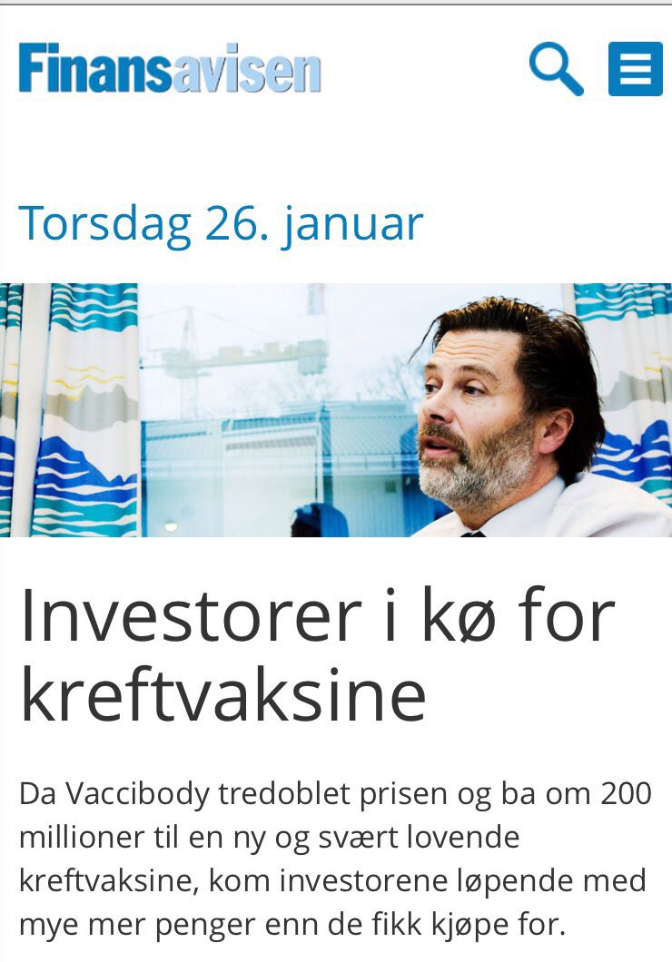 radforsk's tweet photo. #Vaccibody i @Finansavisen i dag om den nylige emisjonen der de hentet inn 220 MNOK for utvikling av behandlende kreftvaksine @ABFredriksen https://t.co/6tXm44MiZg