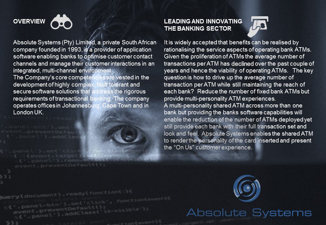 AbsoluteSys_Pty's tweet photo. #AbsoluteSystems #Overview #Leader #Innovating #BankingSector https://t.co/Cff2p4RfKw