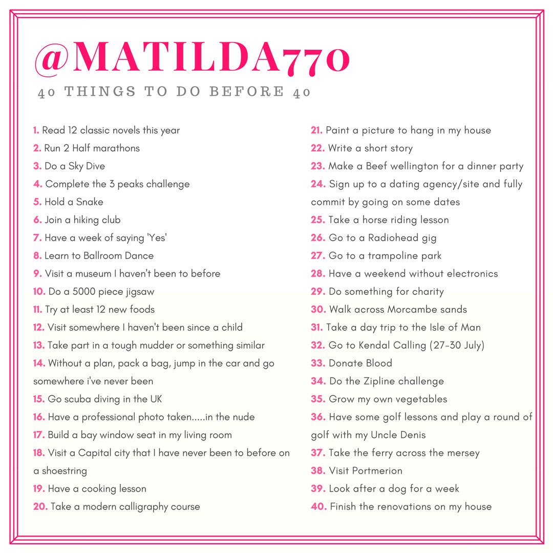 matilda770's tweet photo. 40 things to do before I am 40!!! I had better crack on anyone want to join me? I am looking for supporters. #fun40 #40things #40b440 #nic40 https://t.co/Kbo4ry0lkX