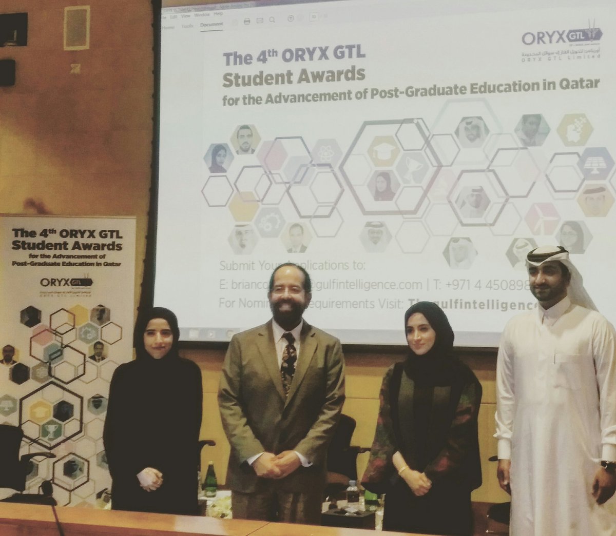 KateJoyce_GI's tweet photo. .@oryxgtl @TAMUQ Dean Malave &amp; 2016 Award Winners promoting 4th ORYX GTL Student Awards Campaign #postgraduate #education #qatar #giforum https://t.co/JRkNTBiewa