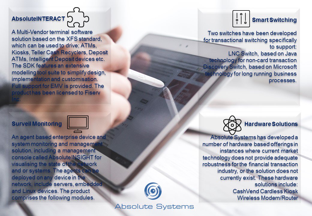 AbsoluteSys_Pty's tweet image. @AbsoluteSys_Pty offering #AbsoluteINTERACT #SurveilMonitoring #SmartSwitching #HardwareSolutions #BankingSector