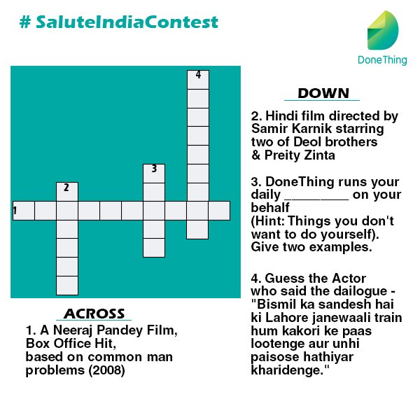 Done_Thing's tweet image. #Question4 #SaluteIndia #CrossWord Share yr ans as comments/pictures! Brownie Points for enacting yr favorite dialogue of movies mentioned!