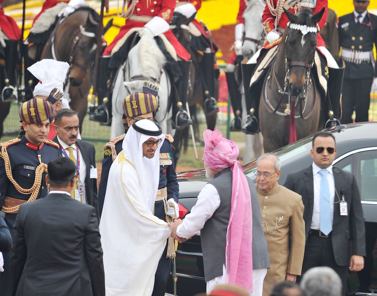narendramodi's tweet photo. I thank HH Mohamed bin Zayed Al Nahyan for joining us during the #RepublicDay celebrations today. @MBZNews https://t.co/SwrO2yYMEp