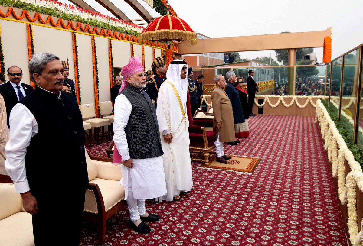 narendramodi's tweet photo. I thank HH Mohamed bin Zayed Al Nahyan for joining us during the #RepublicDay celebrations today. @MBZNews https://t.co/SwrO2yYMEp