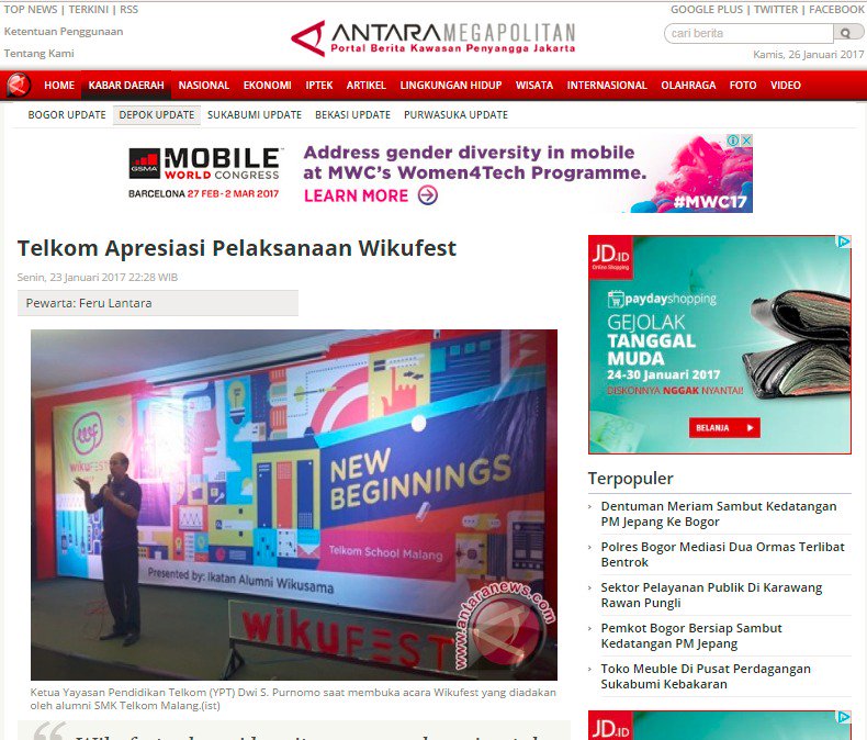 WikuFest's tweet photo. Ini dari @antaranews : https://t.co/8cfQfJlTg5…/telkom-apresiasi-pelaks… #wikufest5 https://t.co/JErazXkH4s