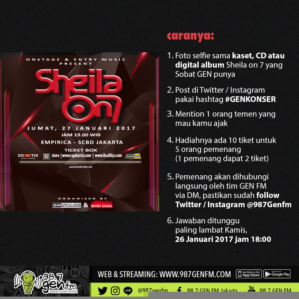 Ada 10 tiket konser <a href="/sheilaon7/">Sheila On 7</a> GRATIS utk Sobat GEN! Foto selfie sama CD, kaset, atau digital albumnya SO7 yg Sobat GEN punya! #GENKONSER