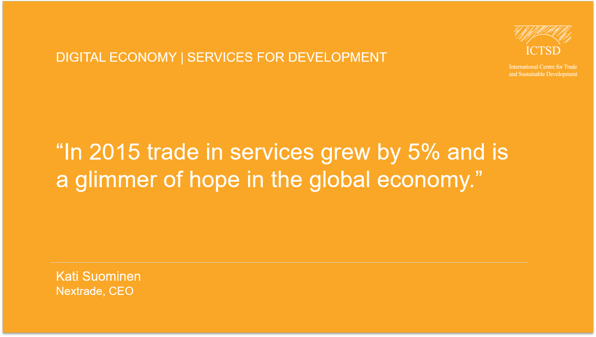 ICTSD's tweet photo. "#Ecommerce is growing 5 times faster than international #trade globally.” - @ksuominen11 https://t.co/BYydbxroMf #Services4Development https://t.co/LYuAqqxLab