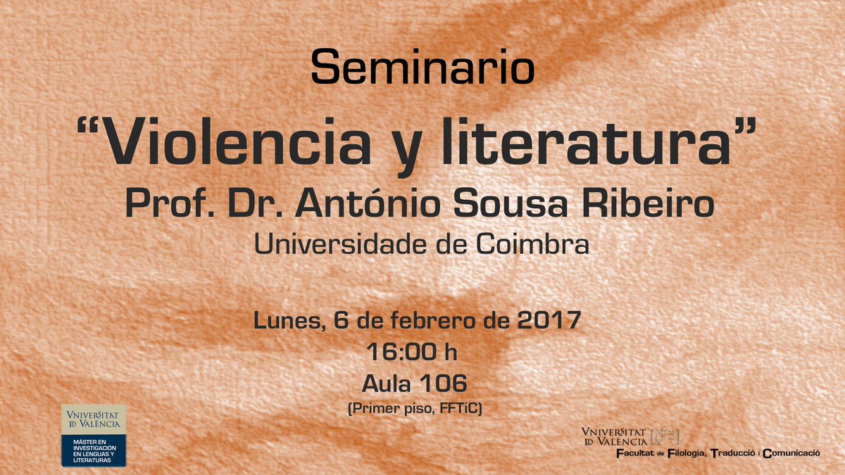 MUILL_UV's tweet photo. 🗓️✏️Seminario: “Violencia y Literatura”. Toda la información en la web del máster https://t.co/s4mntSW5QJ #literatura https://t.co/8FzYmZiOdM