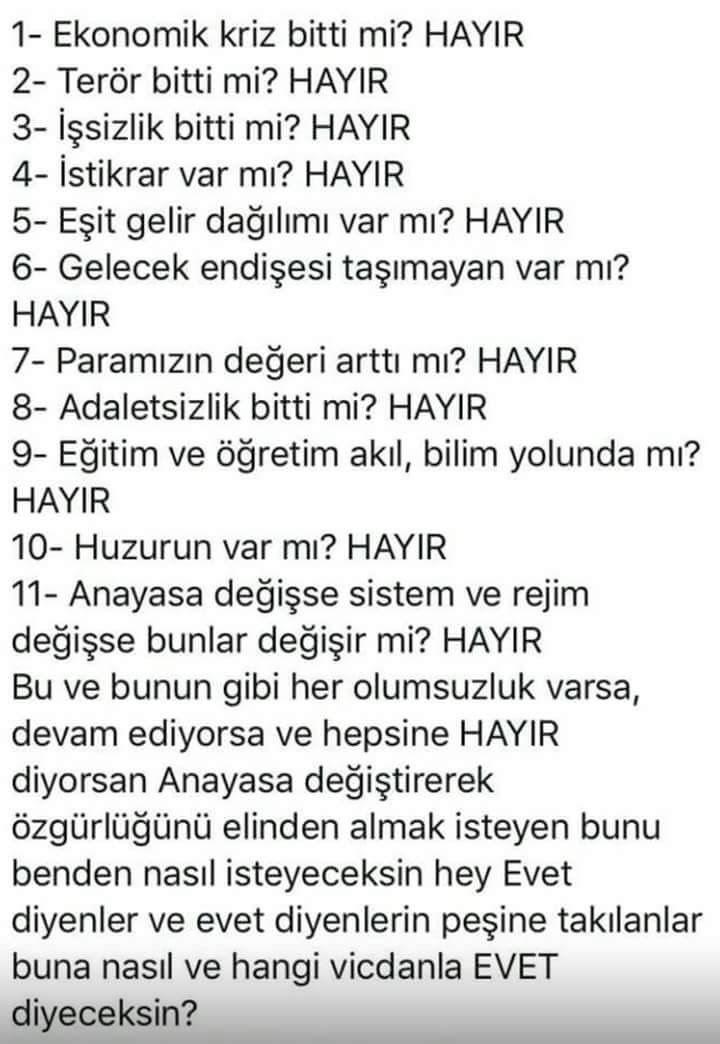 #NedenHayırDiyorum 

Bütün Maddelerin Cevabı #HAYIR <<<
 Ve Aydınlık Türkiye İçin ..!