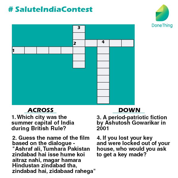 Done_Thing's tweet image. #Question9 #SaluteIndia #Crossword Solve the puzzle &amp;amp; send us videos of your favourite dialogues/songs! Are you loving the drill? #DoneThing