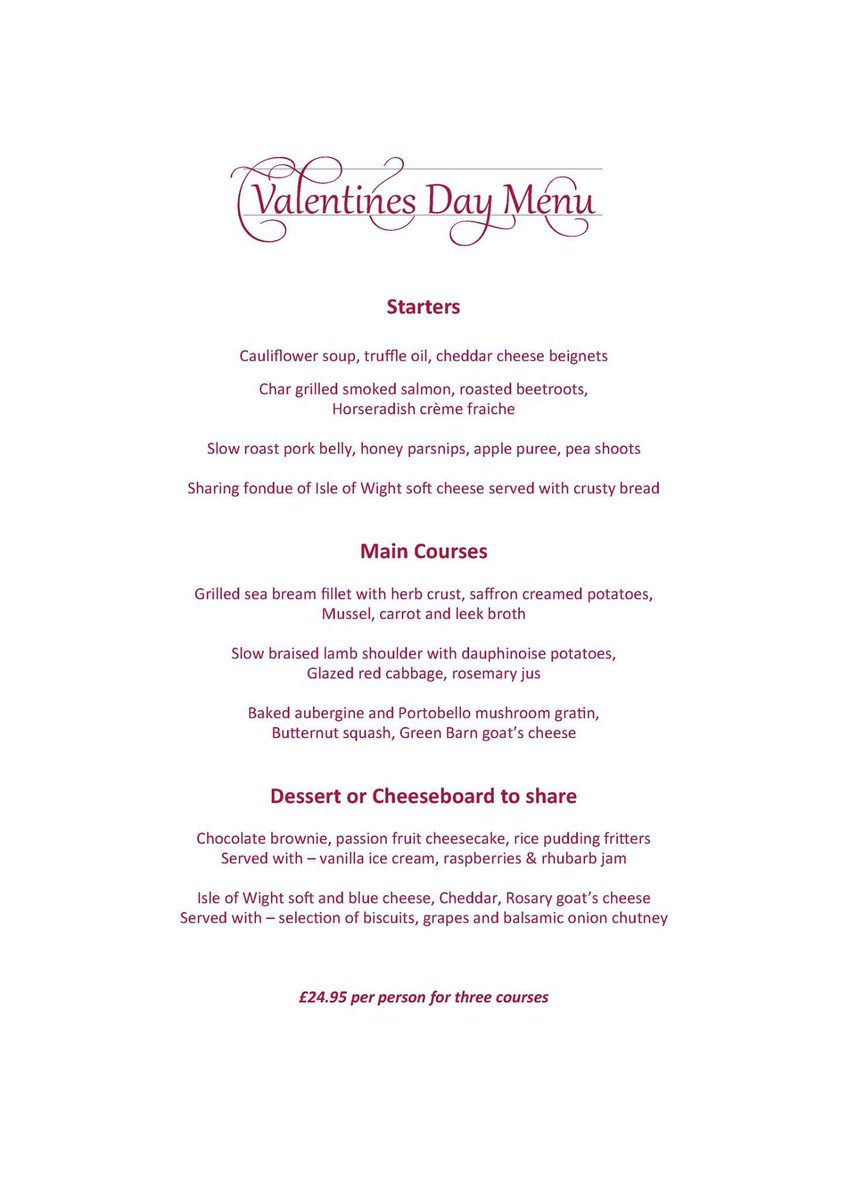 Here is our Valentines Menu, created for you by Alan Staley. To book call 403960. Retweet for a change to win a meal for 2 on ❤day.