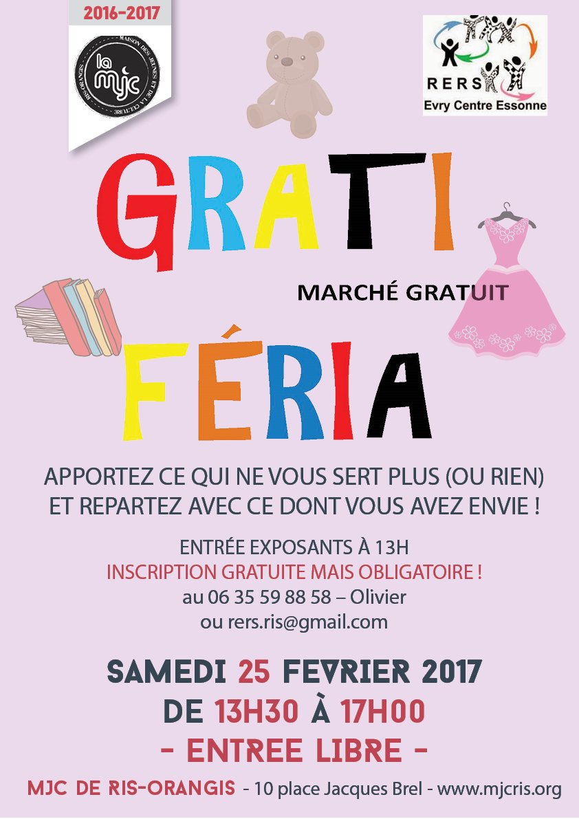 25 février : 1ère Gratiféria à la MJC ! Organisée en partenariat avec le RERS Evry Centre Essonne.
mjcris.org/index.php/prog…