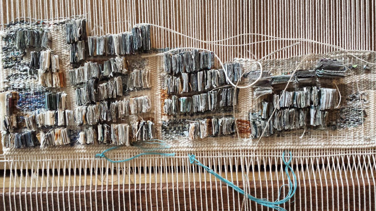 janevwalkley's tweet image. Work in progress. Midway through week one. One of 2 pieces for exhibit in May. #madeinyorkshire  #tapestryweave #mixedmedia #aerialview