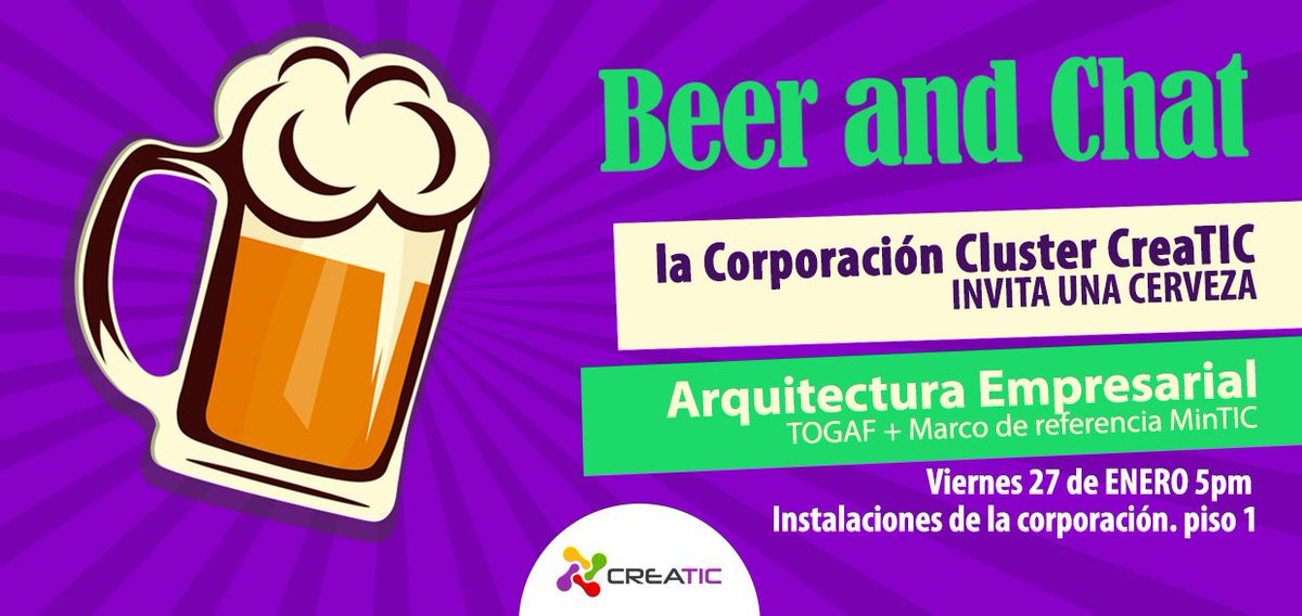CdtCreatic's tweet photo. Mañana a las 5: 00 pm te esperamos en el #Beerandchat Arquitectura Empresarial (TOGAF + Marco de referencia MinTIC). https://t.co/M3oiqHOmOz