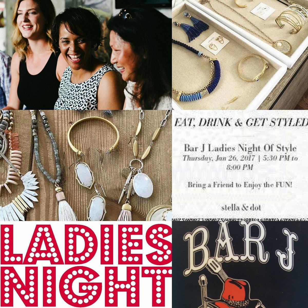 Thursday @ Bar J is Ladies Night!
Come join the fun.  1/2 priced appetizer dips and desserts &amp; Stella &amp; Dot's new spring collection.