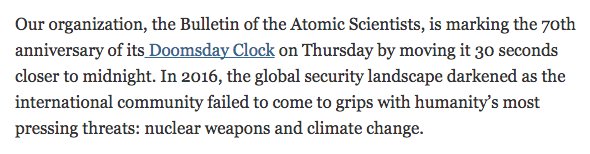 SecDef19's tweet photo. NYT Op-Ed from @BulletinAtomic scientists @LKrauss1 &amp; David Titley about #doomsdayclock clock moving 30 sec. closer https://t.co/z26khiD2o2 https://t.co/ex22NwpEL4