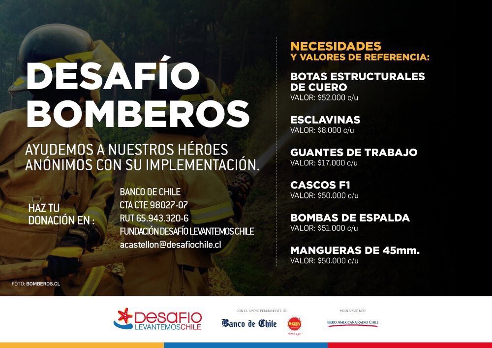 GerytaMolina's tweet photo. @antoshell Todas las compañías de bomberos son centros de acopio. Si no, donaciones económicas a Desafío Levantemos Chile https://t.co/DAPd8tADIb