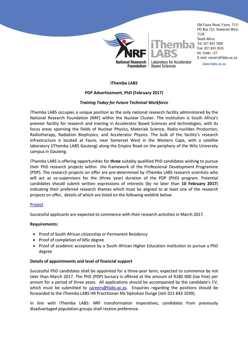 National Research Foundation of South Africa (@nrf_news) on Twitter photo 3 opportunities available to pursue PhD research projects at <a href="/iThemba_LABS/">iThemba LABS</a>. Learn more about the projects here: bit.ly/2jsqivX 3 opportunities available to pursue PhD research projects at <a href="/iThemba_LABS/">iThemba LABS</a>. Learn more about the projects here: bit.ly/2jsqivX