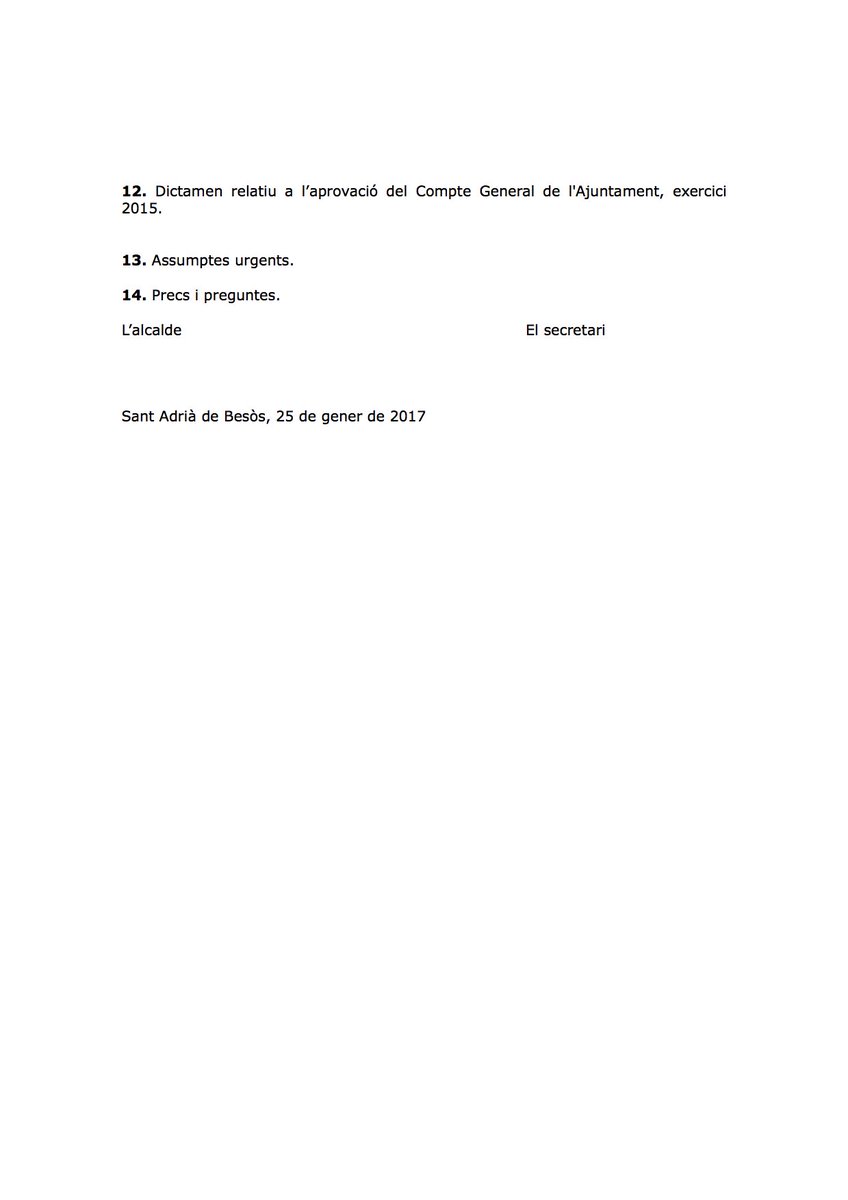 AjSantAdria's tweet photo. CONVOCATÒRIA DE PLE
Es convoca Ple ordinari el proper dilluns 30 de gener a les 19 h amb el següent ordre del dia #santadrià #sab https://t.co/BOMwy506ue