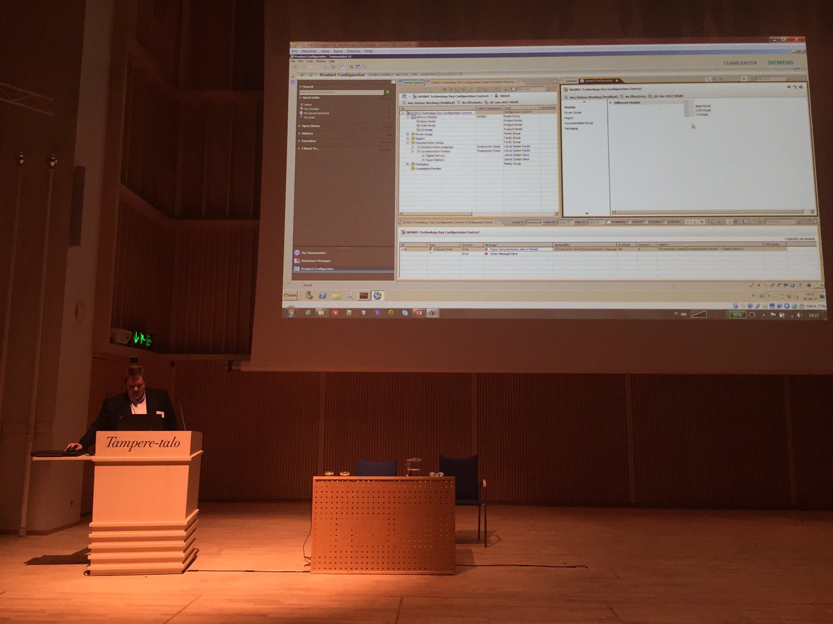 KimmoNyyssonen's tweet photo. Harri Taskinen live demo of #Teamcenter Product Configurator @twinpeaks42 #IDEALPLM https://t.co/oLeSbXZc5S