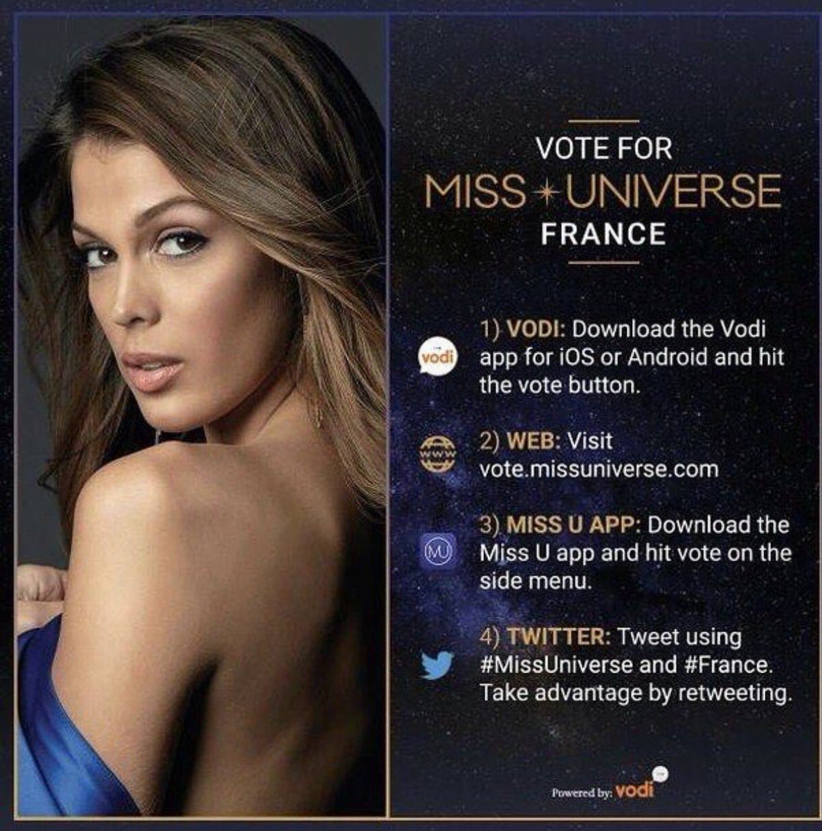Je soutiens <a href="/IrisMittenaereO/">IrisMittenaereOff</a> #France pour #missuniverse !! 💋💋🎉
