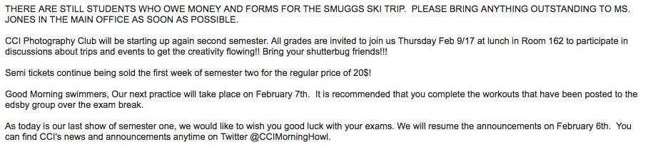 CCIMorningHowl's tweet photo. Here are your announcements for Jan 26th. Good luck on all of your exams wolves!!! https://t.co/82ZC2MYEOU