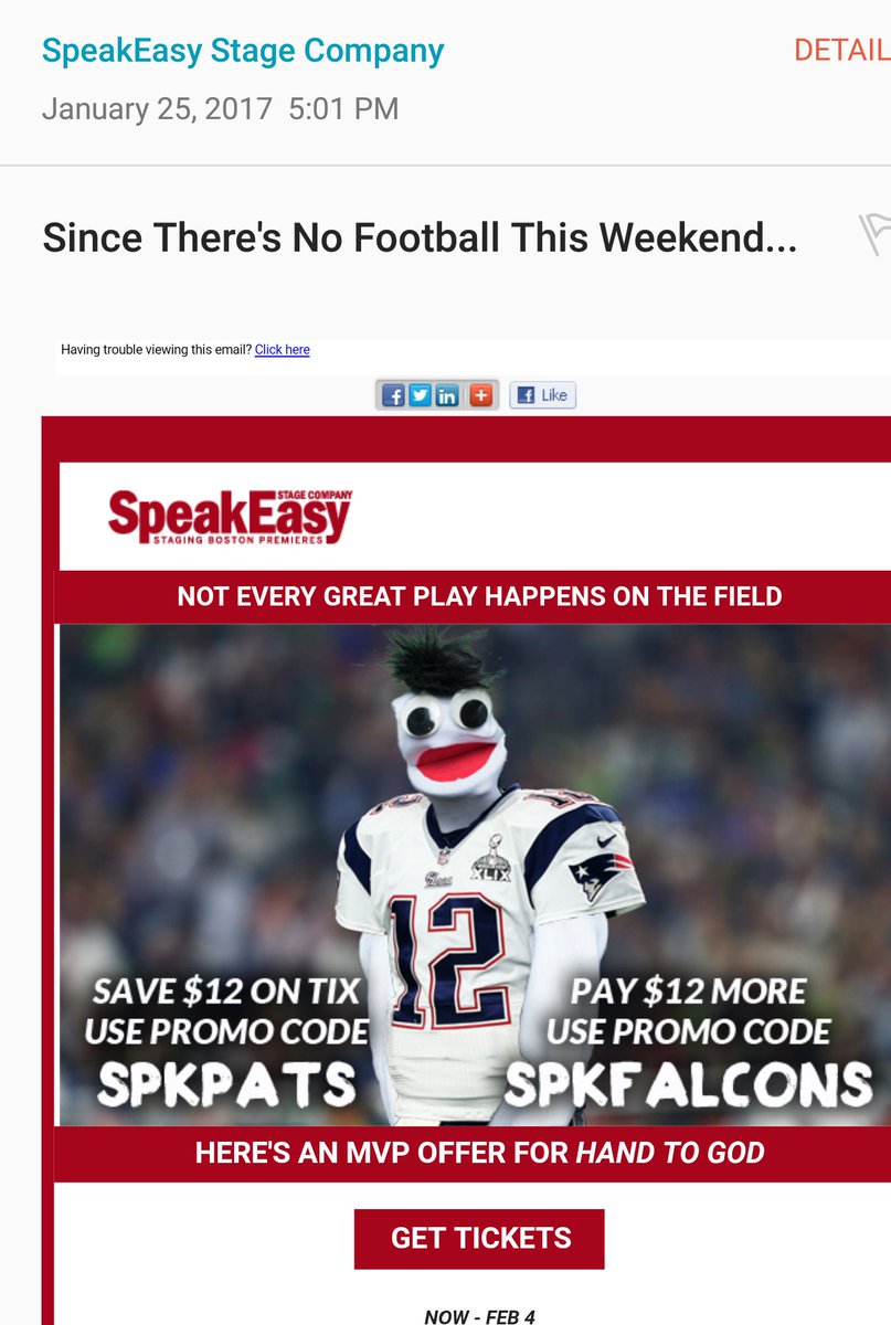 vmtheoharis's tweet photo. Love this email from @SpeakEasyStage. #knowyouraudience #Hand2GodBOS #Patriots #PatriotsNation #EmailMarketing https://t.co/MdVizd1qYq