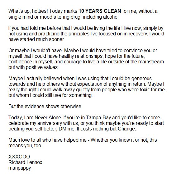 Thank you all for 10 YEARS CLEAN today.
@nickcapra @lancehartfetish @RuPaul @DJChiChiLaRue https://t