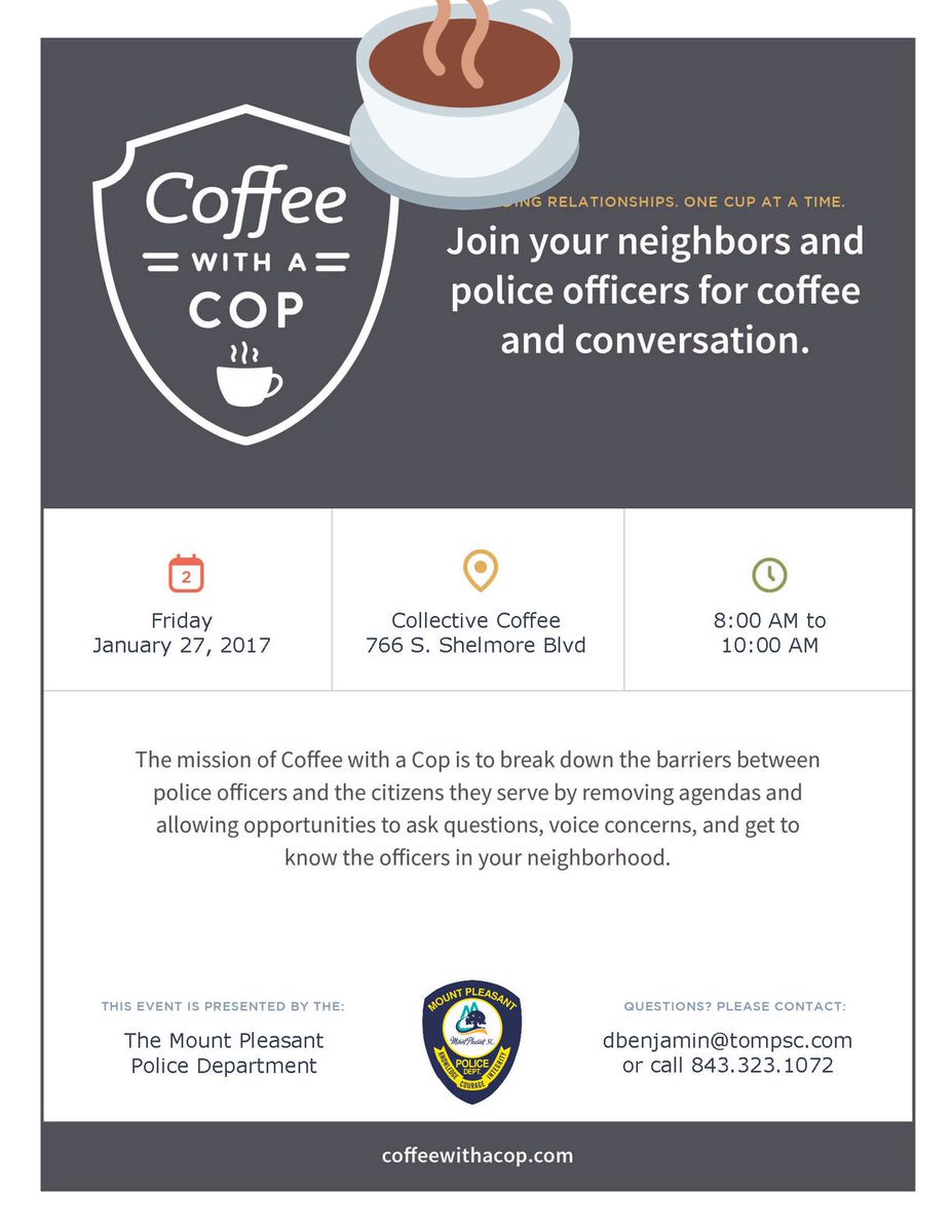 MPPDBenjamin's tweet image. Don't forget to join us tomorrow morning at Collective Coffee Co. on Shelmore Blvd for #coffeewithacop! Hope to see you there! #Mtpsc #chs