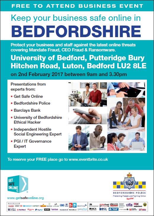 If you run an SME in Bedfordshire, make sure you check into this free event next Thursday <a href="/bedspolice/">Bedfordshire Police</a> <a href="/GetSafeOnline/">GetSafeOnline.org</a>