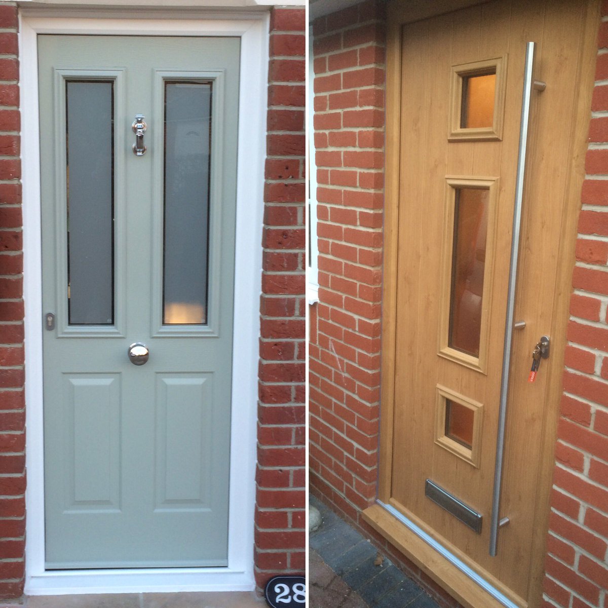 Thewindowcoltd's tweet photo. Two @SolidorLtd Composite Doors installed this week. Left a Ludlow 2 in Painswick Green and right a Genoa in Irish Oak @kommerling_uk https://t.co/98F7fxvnEa