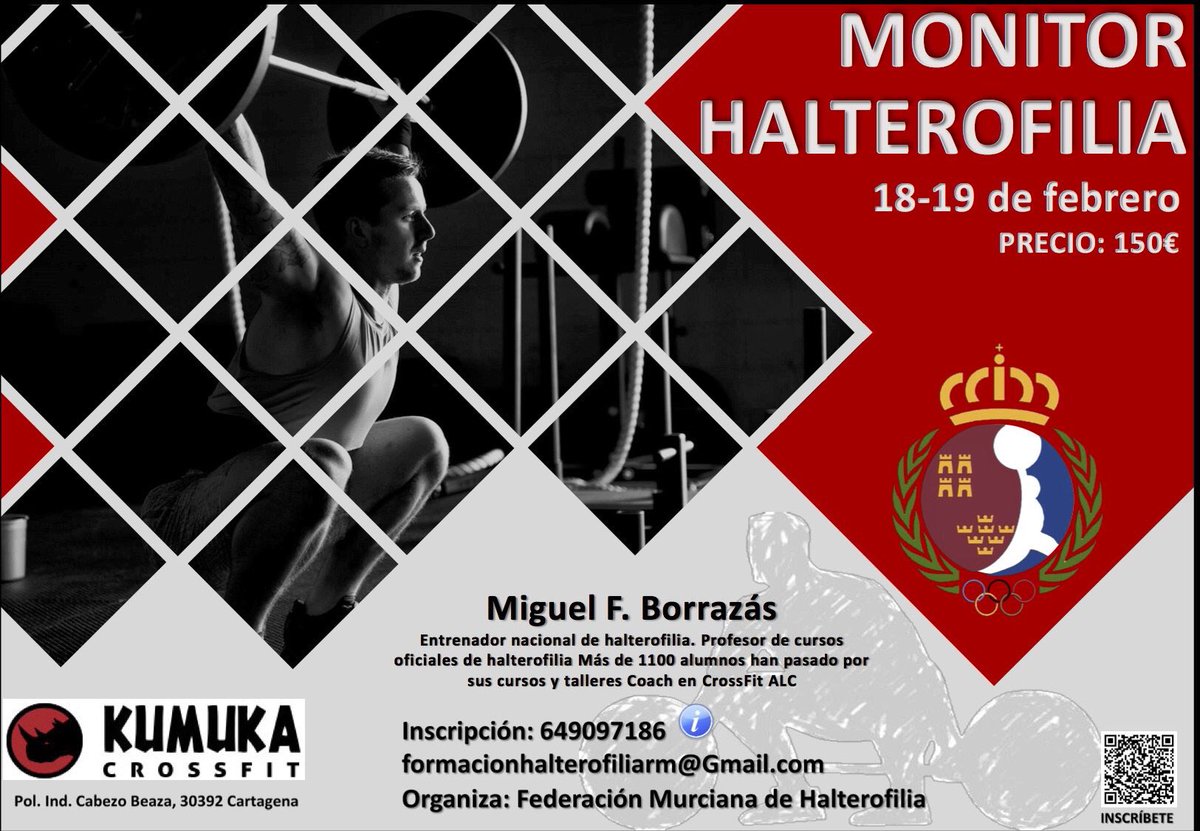 umucafd's tweet photo. Curso de Monitor de Halterofilia  🏋🏻‍♀️imparte @coachborrazas. Colabora @umucafd Próximo 18 y 19 de febrero en Cartagena. Inscrip. abiertas. https://t.co/sLUVHrBsC0