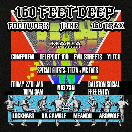 Tomorrow night! 160FEETDEEP

Footwork/Juke vibes! 👣

Catch me dwn there along side <a href="/Ears_RG/">Ears_RG</a> playing Grime/Jungle 

facebook.com/events/5845913…
