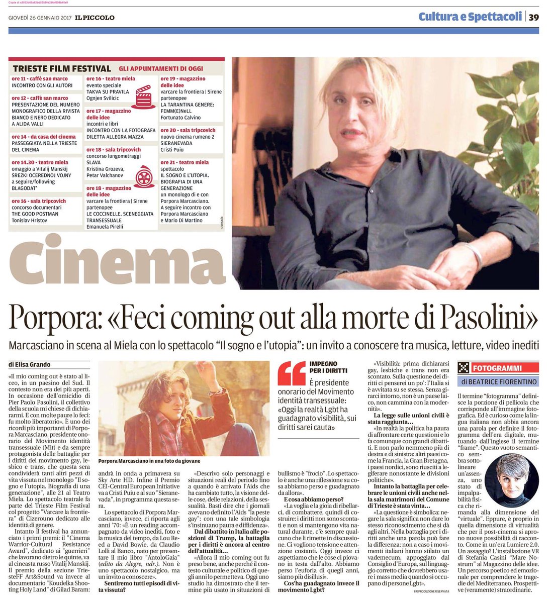 cizerouno's tweet photo. Alle 21 al Teatro Miela a #trieste #PorporaMarcasciano e il suo racconto sull'Italia anni 70 #diritti #lgbt #varcarelafrontiera #TSFF28 https://t.co/tOuxxkqyuW