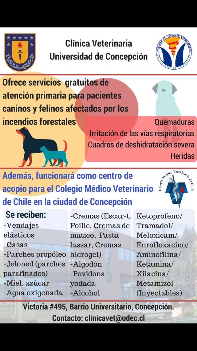 ratonCF's tweet photo. La clínica veterinaria de la UDEC ATENDERÁ PACIENTES afectados por incendios GRATIS. Ayuden con RT! https://t.co/klNSQUHBcb