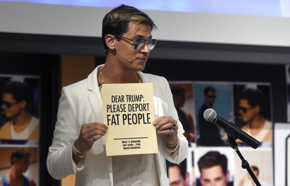 dailycamera's tweet photo. Met by protests, Milo Yiannopoulos targets feminists, liberals at #CUBoulder talk https://t.co/iI0KpM8Epv via @SarahKuta #boulder #miloatcu https://t.co/yM0Hxxl5NF