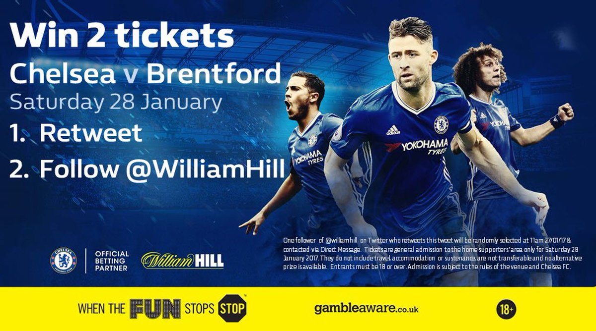 WilliamHill's tweet photo. Win FA Cup tickets for Chelsea v Brentford. Simply Retweet and Follow @WillamHill. The winner will be announced at midday tomorrow. https://t.co/TavU6q4RJH