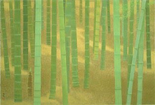 「筍が伸び、下の節から褐色の皮を脱いで、若竹になる。
白い粉をふいたような青白緑色の若々しい茎。鮮やかな緑のもの、やや茶褐色を混ぜた色の茎と、竹林の初夏の色彩は変化に富んでいる。」

《夏に入る》 1968年