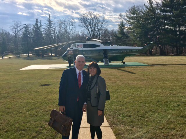 VP45's tweet photo. Beautiful morning for @SecondLady Karen Pence and my 1st flight aboard Marine Two. Next stop Air Force Two. Will be in Philadelphia soon. https://t.co/yo8QanBXMs