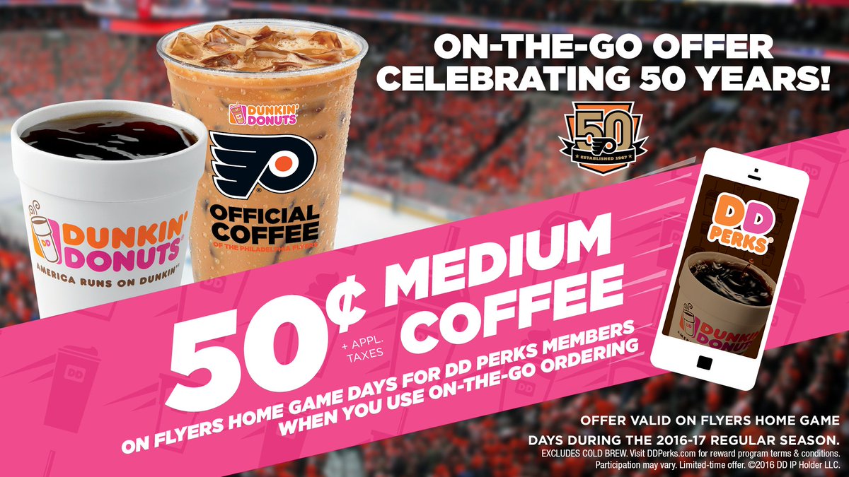 NHLFlyers's tweet photo. It’s a hockey night in Philly! That means you can score a @DunkinPhilly $.50 Med. Hot or Iced Coffee through DD's Mobile On-the-Go Ordering! https://t.co/VTB7xiG9WA