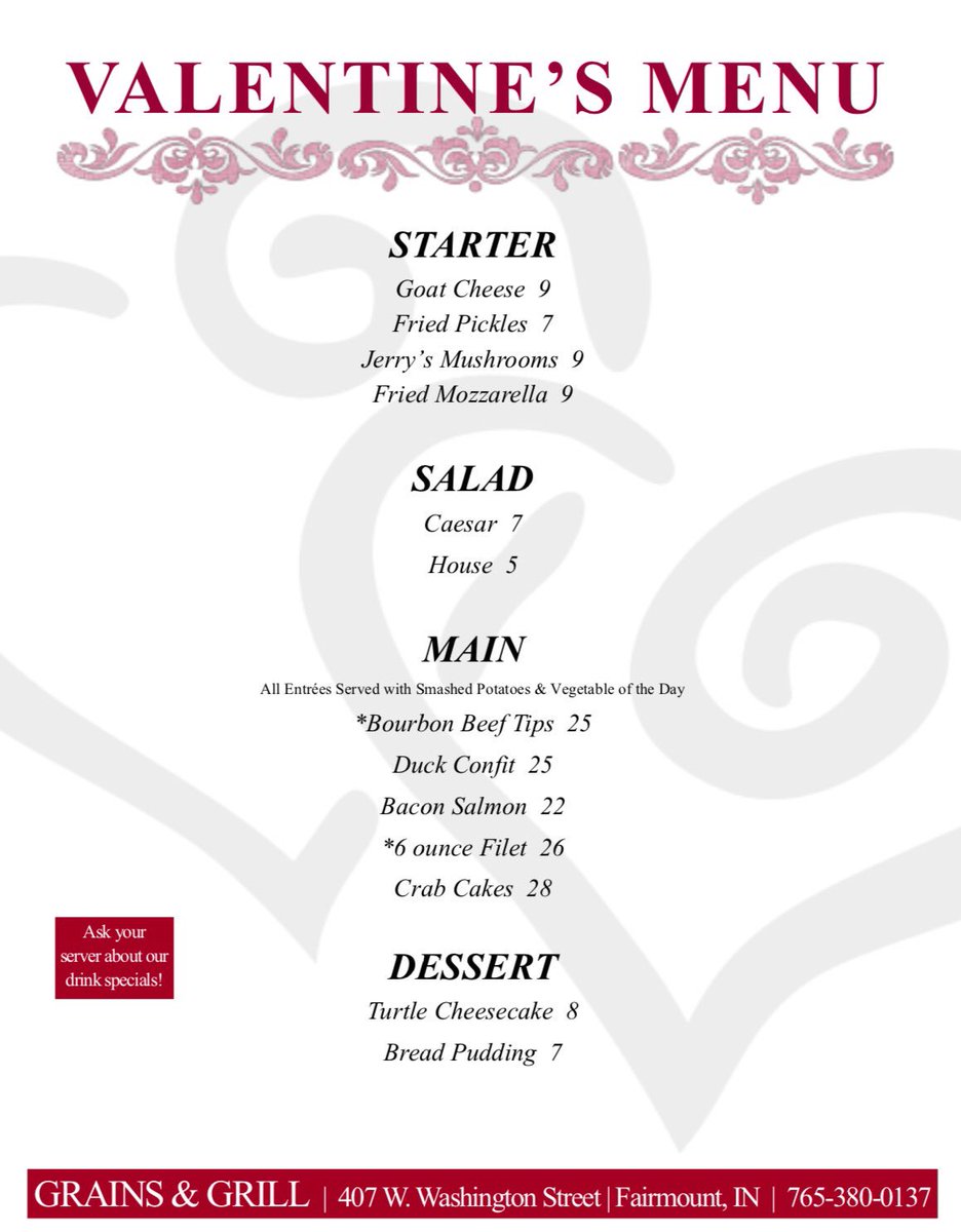Valentine's Day at G&amp;G We will celebrate 2/11 &amp; 2/14. Serving a limited ala carte menu. Reservations765-380-0137.  #ValentinesDay #eatlocal