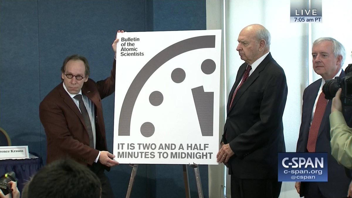 cspan's tweet image. .@BulletinAtomic announces #DoomsdayClock Adjustment: &quot;It is two and a half minutes to midnight.&quot; LIVE on C-SPAN cs.pn/2jiCxaO