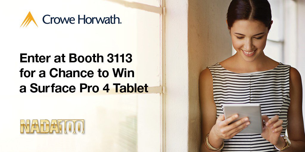 CroweUSNews's tweet photo. Visit Booth #3113 and enter to win a Surface Pro 4 Tablet and see a demo of our performance management tool. #NADA100 https://t.co/apSQGL8qWW
