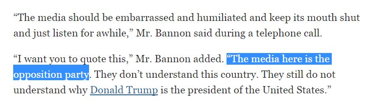 AriMelber's tweet photo. WH adviser Steven Bannon just said:
"I want you to quote this: The media here is the opposition party..."
It should "keep its mouth shut." https://t.co/YV6hviIzc9
