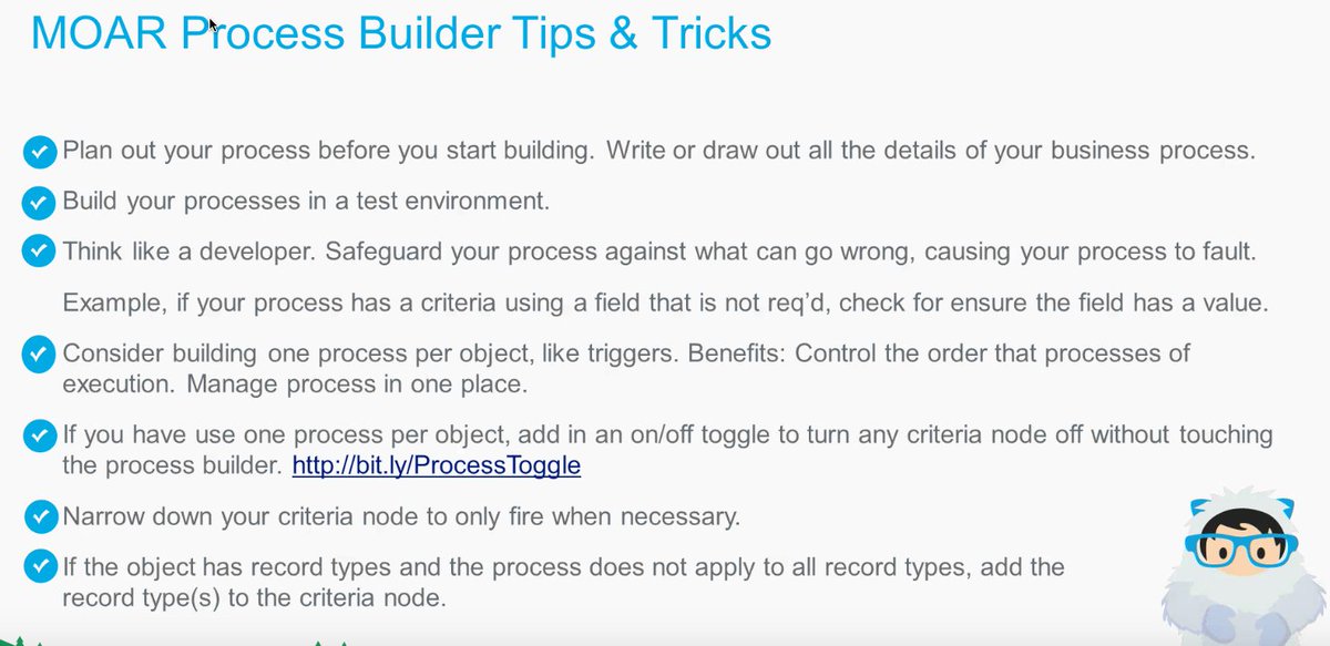 KristiForce's tweet photo. Tips Tips Tips for #ProcessBuilder from the lovely & talented @jenwlee - shoutout to @DavidLittonSFDC for the #ProcessToggle for ๐ย #CLEWIT https://t.co/5bhkMuGw2L